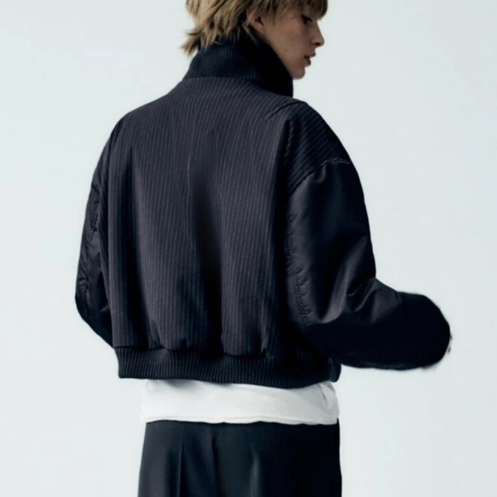 Zara Navy Zippered Pinstriped Bomber Jacket NWT - Picture 3 of 16